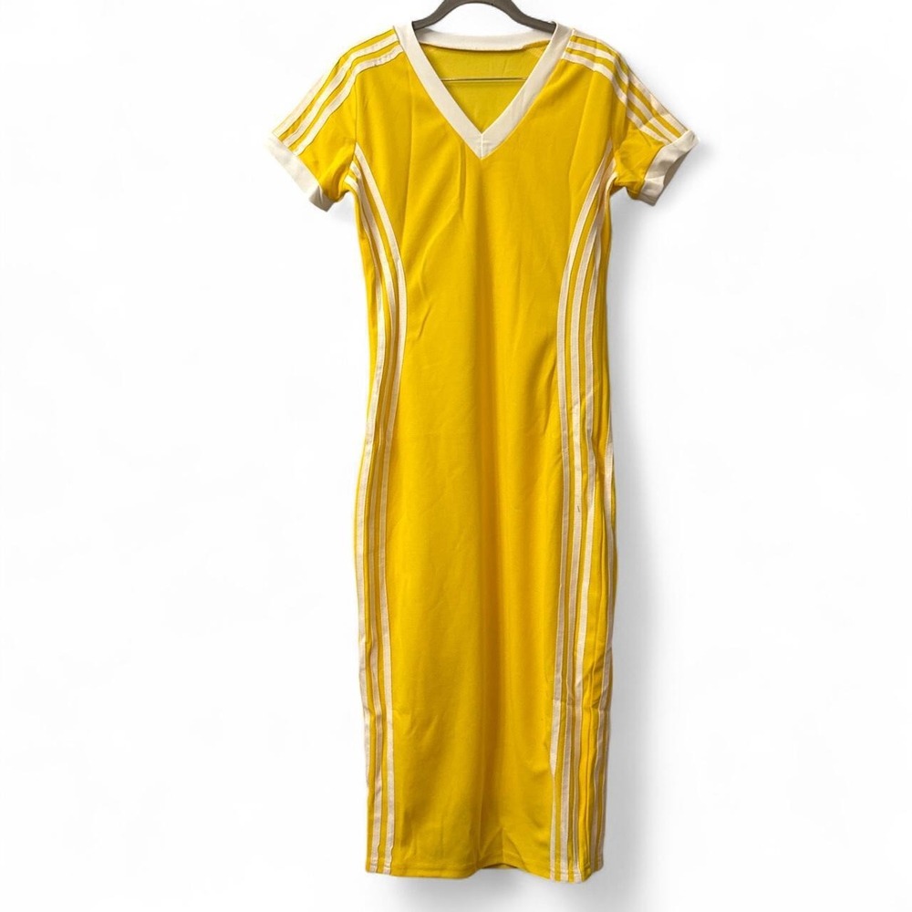 Women's V-Neck Striped Midi Dress, Color Blocked Cotton Ribbed Bodycon Style